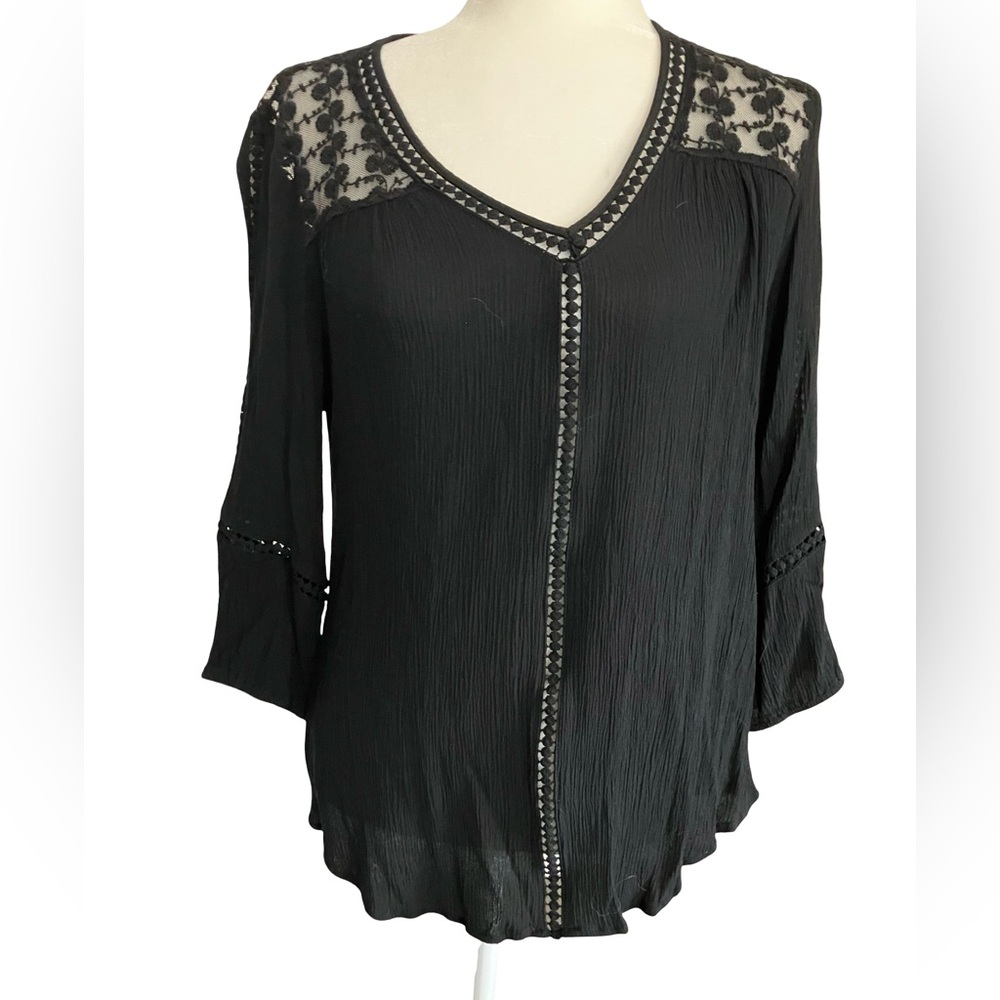 John Paul Richard Embroidered Lace 3/4 Sleeve Pullover Women Top Black Size L